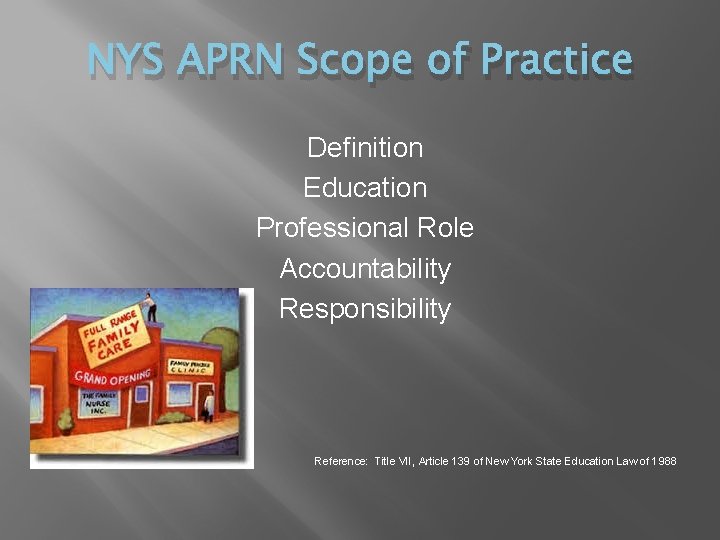 NYS APRN Scope of Practice Definition Education Professional Role Accountability Responsibility Reference: Title VII, NYS APRN Scope of Practice Definition Education Professional Role Accountability Responsibility Reference: Title VII,