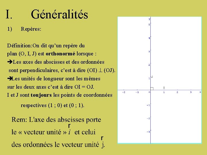I. 1) Généralités Repères: Définition: On dit qu’un repère du plan (O, I, J)