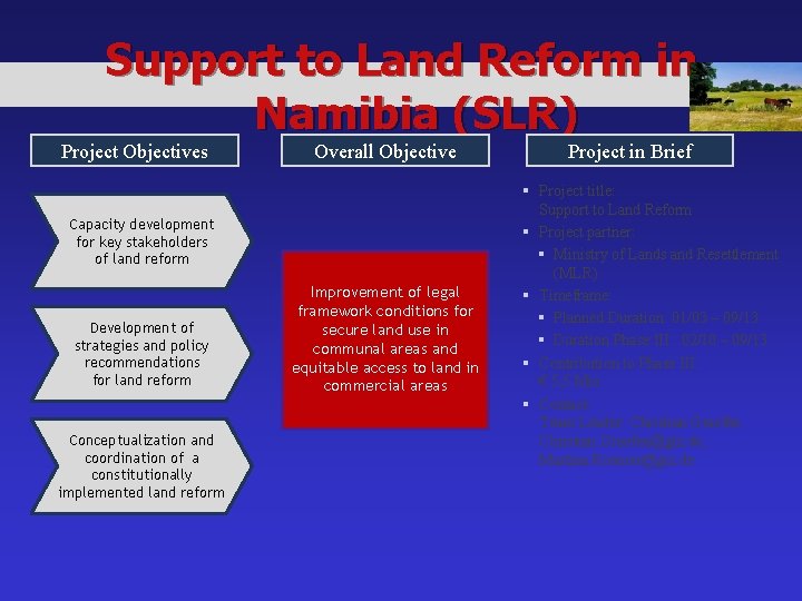 Support to Land Reform in Namibia (SLR) Project Objectives Overall Objective Capacity development for