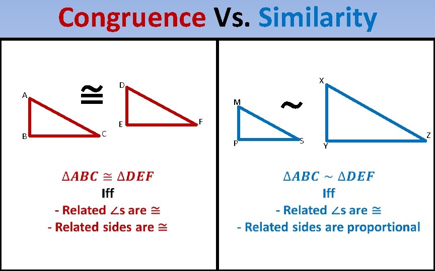Congruence Vs. Similarity A B ≅ C X D M E F P ∼