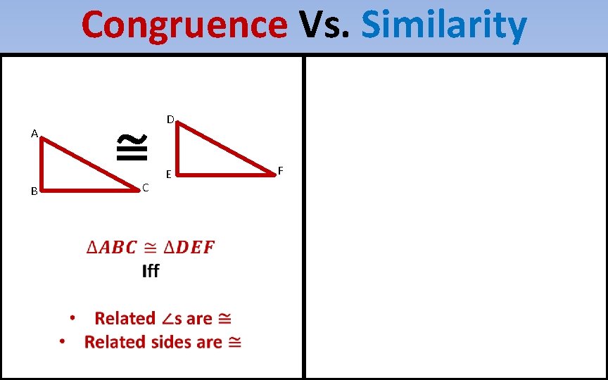 Congruence Vs. Similarity A B ≅ C D E F 
