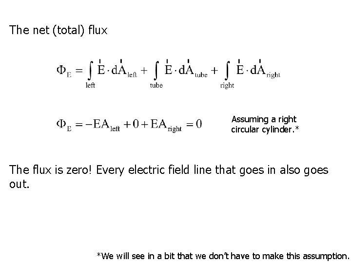 The net (total) flux Assuming a right circular cylinder. * The flux is zero!