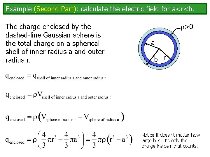 Example (Second Part): calculate the electric field for a<r<b. The charge enclosed by the