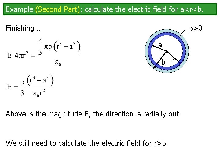 Example (Second Part): calculate the electric field for a<r<b. Finishing… >0 a b r