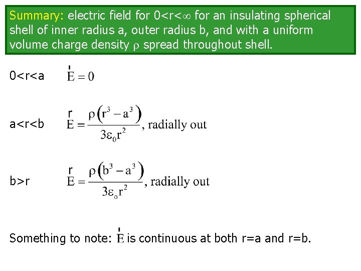 Summary: electric field for 0<r< for an insulating spherical shell of inner radius a,