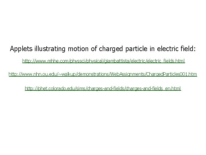 Applets illustrating motion of charged particle in electric field: http: //www. mhhe. com/physsci/physical/giambattista/electric_fields. html