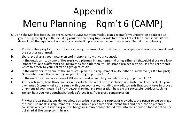 Cooking Merit Badge MENU PLANNING Requirements 5 6