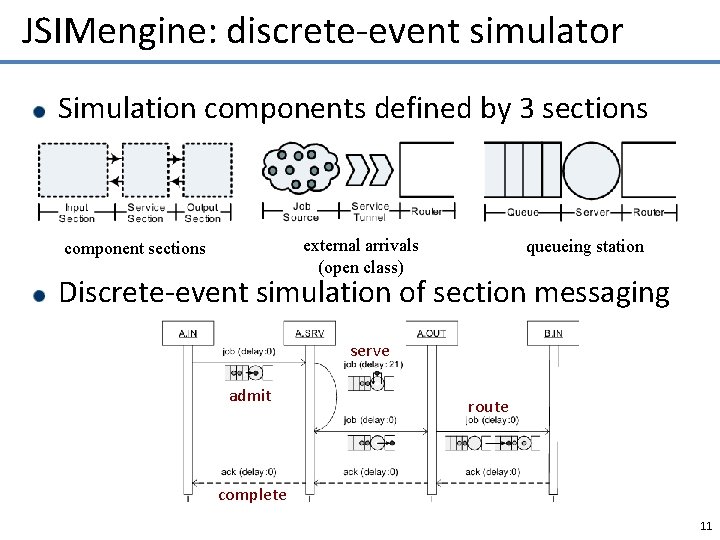 JSIMengine: discrete-event simulator Simulation components defined by 3 sections external arrivals (open class) component