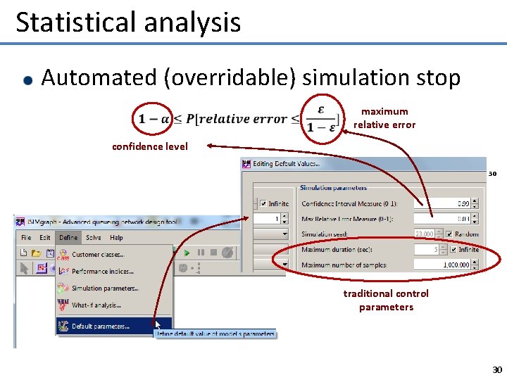 Statistical analysis Automated (overridable) simulation stop maximum relative error confidence level 30 traditional control