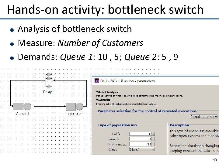 Hands-on activity: bottleneck switch Analysis of bottleneck switch Measure: Number of Customers Demands: Queue