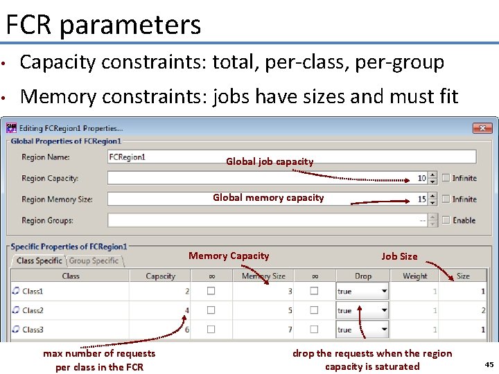 FCR parameters • Capacity constraints: total, per-class, per-group • Memory constraints: jobs have sizes