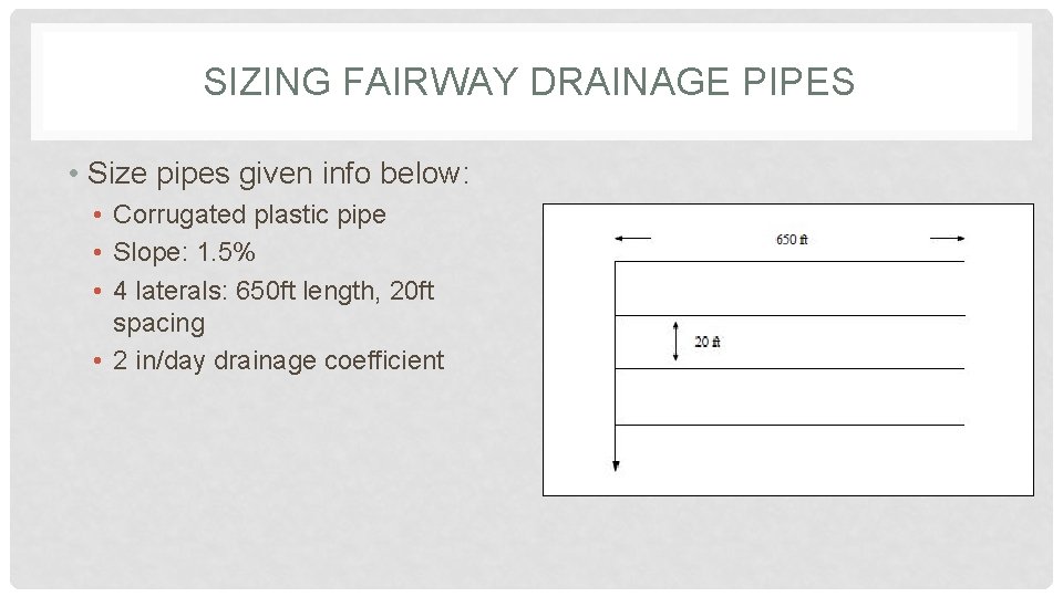 SIZING FAIRWAY DRAINAGE PIPES • Size pipes given info below: • Corrugated plastic pipe