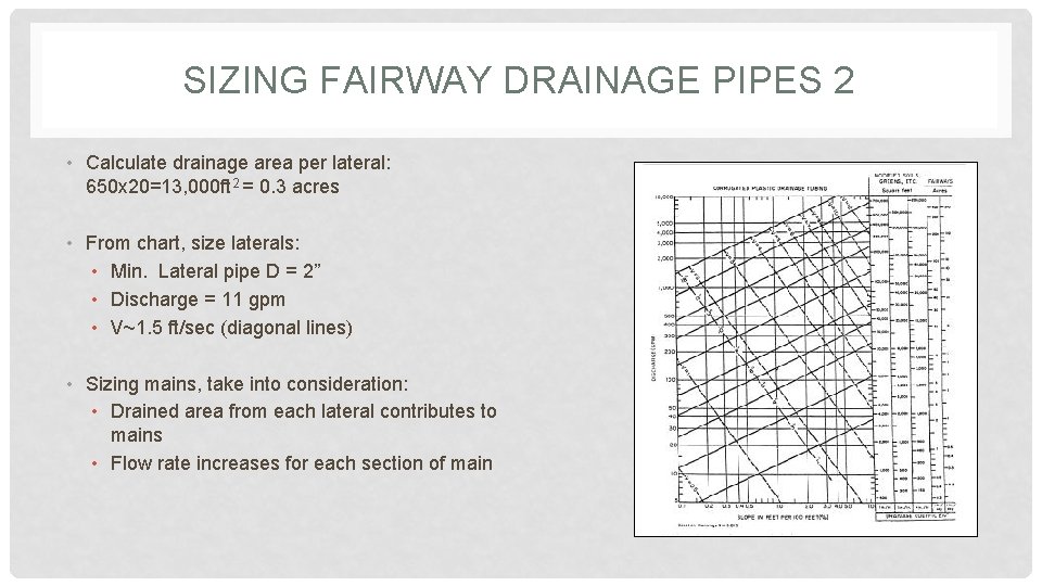 SIZING FAIRWAY DRAINAGE PIPES 2 • Calculate drainage area per lateral: 650 x 20=13,