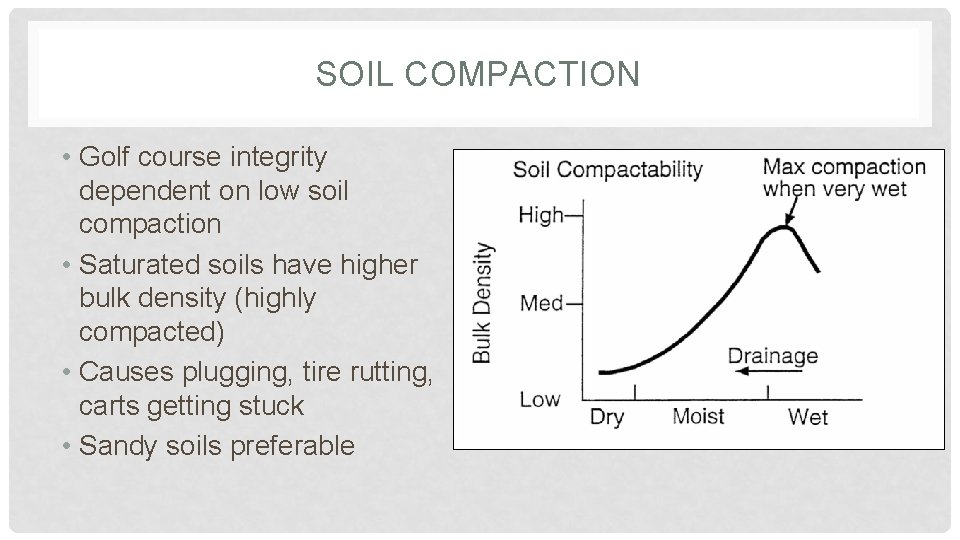 SOIL COMPACTION • Golf course integrity dependent on low soil compaction • Saturated soils