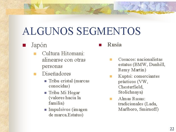 ALGUNOS SEGMENTOS n Japón n Cultura Hitomani: alinearse con otras personas Diseñadores n n