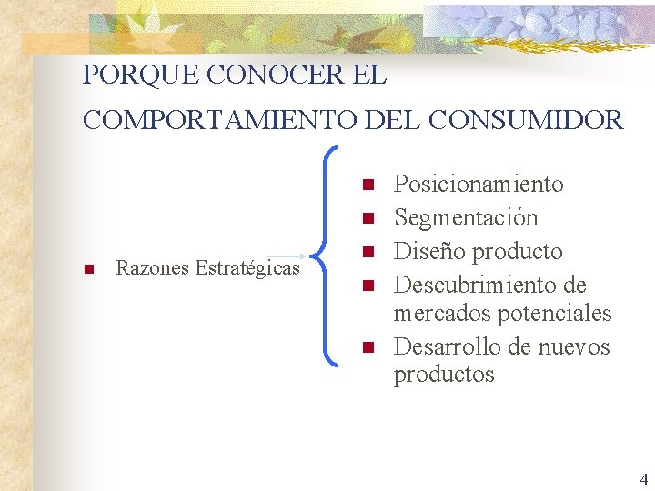 PORQUE CONOCER EL COMPORTAMIENTO DEL CONSUMIDOR n n n Razones Estratégicas n n n