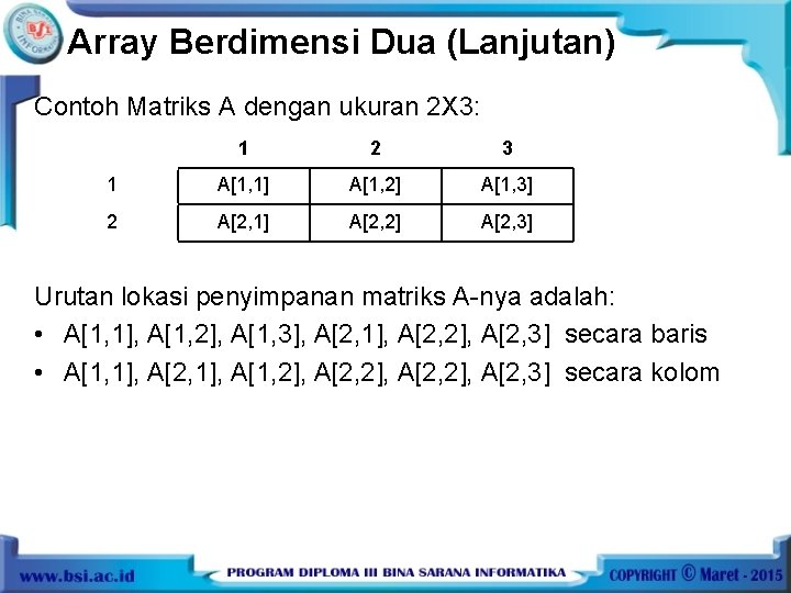 Array Berdimensi Dua (Lanjutan) Contoh Matriks A dengan ukuran 2 X 3: 1 2