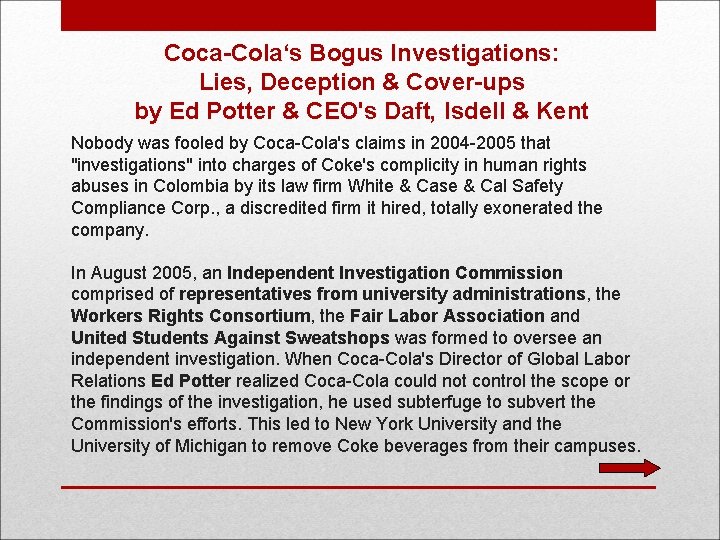 Coca-Cola‘s Bogus Investigations: Lies, Deception & Cover-ups by Ed Potter & CEO's Daft, Isdell