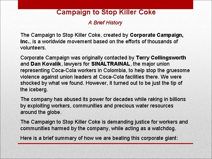  Campaign to Stop Killer Coke A Brief History The Campaign to Stop Killer