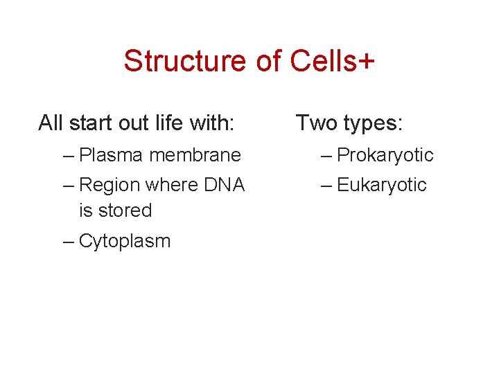 Structure of Cells+ All start out life with: Two types: – Plasma membrane –