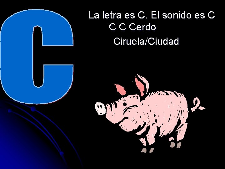 La letra es C. El sonido es C Cerdo Ciruela/Ciudad C 
