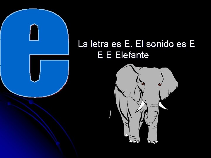 La letra es E. El sonido es E Elefante 