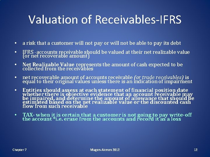 Valuation of Receivables-IFRS • a risk that a customer will not pay or will