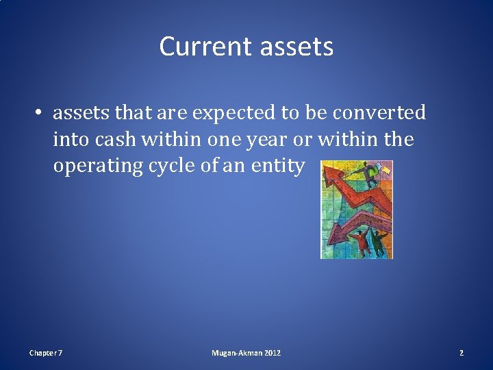 Current assets • assets that are expected to be converted into cash within one