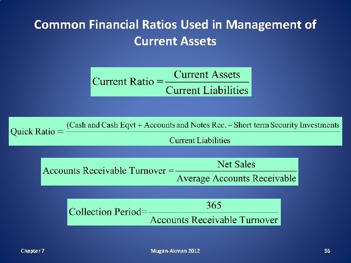 Common Financial Ratios Used in Management of Current Assets Chapter 7 Mugan-Akman 2012 36