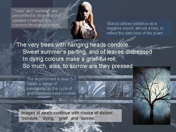 “Trees” and “summer” are personified to show that the speaker’s feelings are common throughout “Trees” and “summer” are personified to show that the speaker’s feelings are common throughout