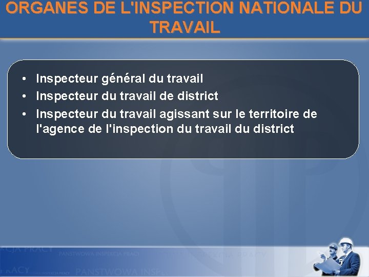 ORGANES DE L'INSPECTION NATIONALE DU TRAVAIL • Inspecteur général du travail • Inspecteur du