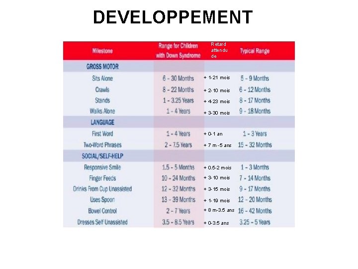 DEVELOPPEMENT Retard attendu de + 1 -21 mois + 2 -10 mois + 4
