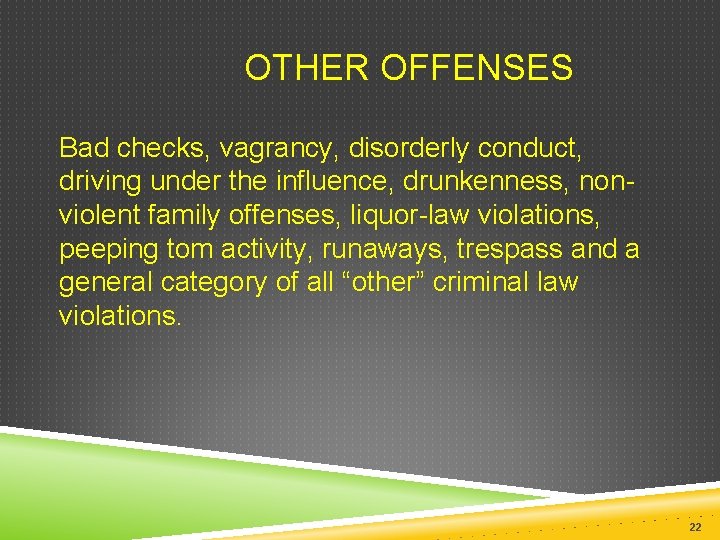  OTHER OFFENSES Bad checks, vagrancy, disorderly conduct, driving under the influence, drunkenness, nonviolent