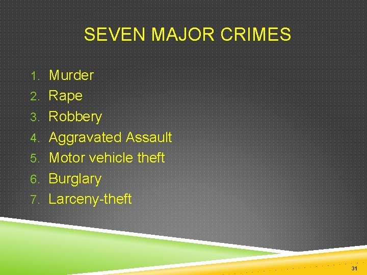  SEVEN MAJOR CRIMES 1. Murder 2. Rape 3. Robbery 4. Aggravated Assault 5.