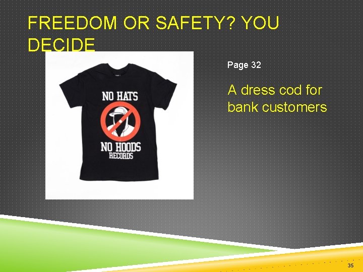 FREEDOM OR SAFETY? YOU DECIDE Page 32 A dress cod for bank customers 35