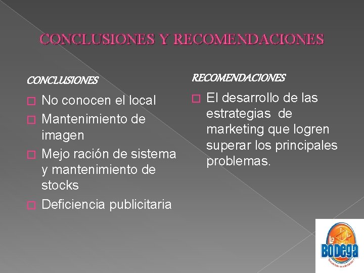 CONCLUSIONES Y RECOMENDACIONES CONCLUSIONES RECOMENDACIONES � El desarrollo de las No conocen el local