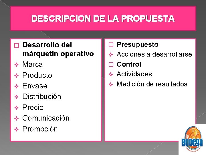 DESCRIPCION DE LA PROPUESTA � v v v v Desarrollo del márquetin operativo Marca
