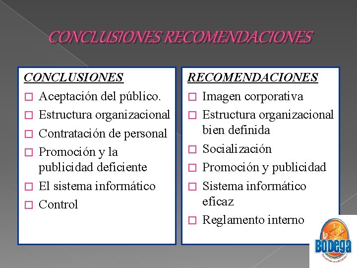 CONCLUSIONES RECOMENDACIONES CONCLUSIONES � Aceptación del público. � Estructura organizacional � Contratación de personal