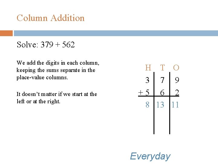Column Addition Solve: 379 + 562 We add the digits in each column, keeping