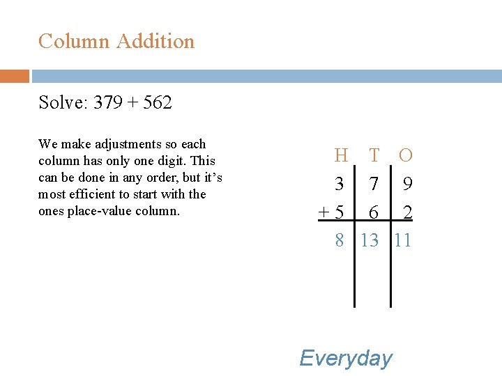 Column Addition Solve: 379 + 562 We make adjustments so each column has only