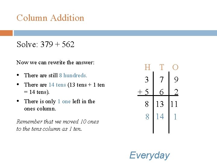 Column Addition Solve: 379 + 562 Now we can rewrite the answer: • There