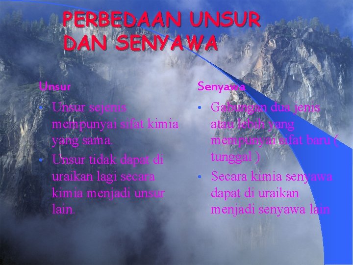 PERBEDAAN UNSUR DAN SENYAWA Unsur Senyawa Unsur sejenis mempunyai sifat kimia yang sama. •