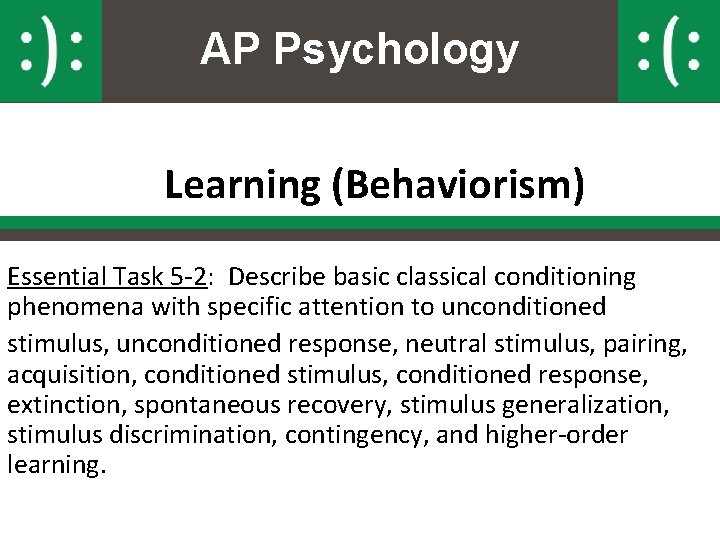 AP Psychology Learning (Behaviorism) Essential Task 5 -2: Describe basic classical conditioning phenomena with