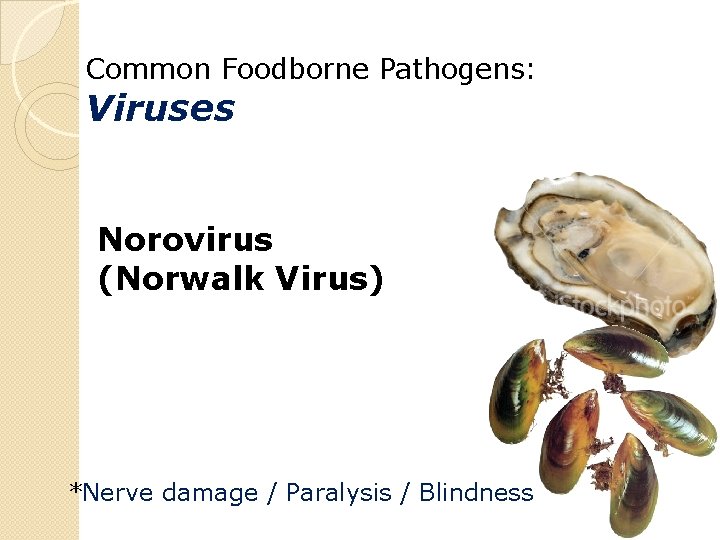Common Foodborne Pathogens: Viruses Norovirus (Norwalk Virus) *Nerve damage / Paralysis / Blindness 