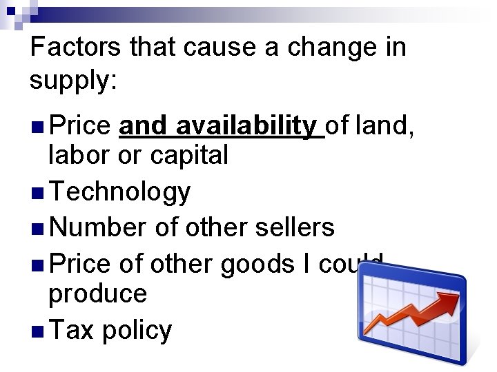 Factors that cause a change in supply: n Price and availability of land, labor