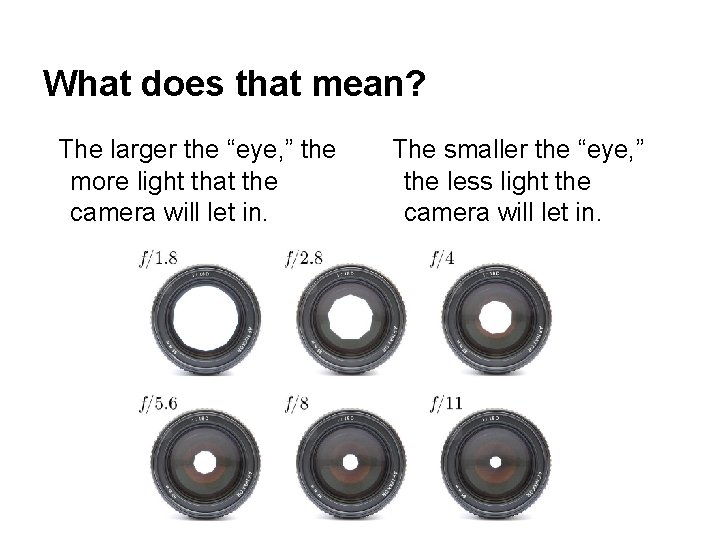 What does that mean? The larger the “eye, ” the more light that the