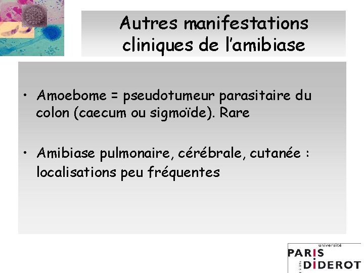 Autres manifestations cliniques de l’amibiase • Amoebome = pseudotumeur parasitaire du colon (caecum ou