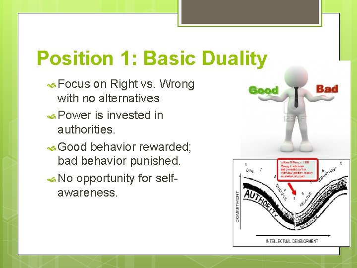 Position 1: Basic Duality Focus on Right vs. Wrong with no alternatives Power is