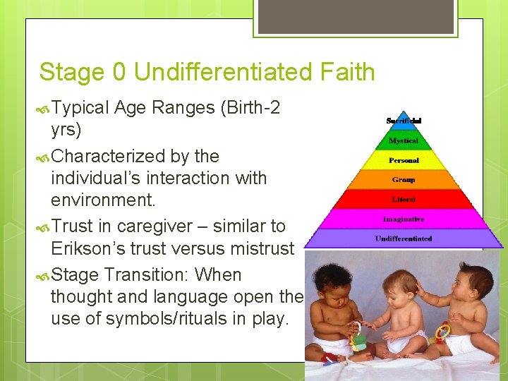 Stage 0 Undifferentiated Faith Typical Age Ranges (Birth-2 yrs) Characterized by the individual’s interaction