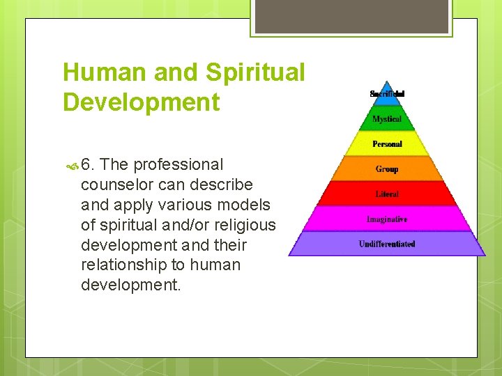 Human and Spiritual Development 6. The professional counselor can describe and apply various models